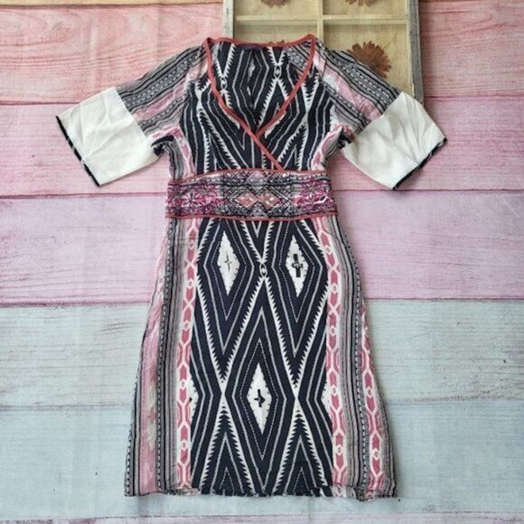 Etro Black/White Diamond Geometric Embroidered Silk Kimono Sleeve Mini Dress XS - Picture 1 of 7